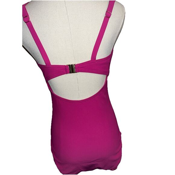 CHARMO Pink Ribbed Scalloped 1 Piece Swimsuit Womens Retro Modest Square Neck S - Picture 12 of 14